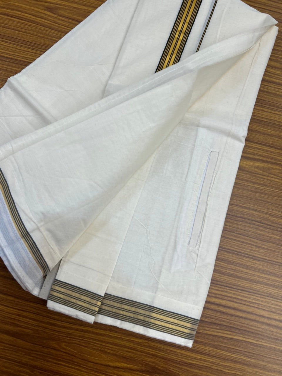 20% Discount ! KaithariKada Balaramapuram Mixed Cotton Double Off white - (Ubleached) Mundu/Dhoti  VELCRO Mundu/Dhoti  - (80s) - 1.25 inch Gold Kasavu & Black Striped kara 4mtr (8.5 muzham) - 15 KK5284 PMC