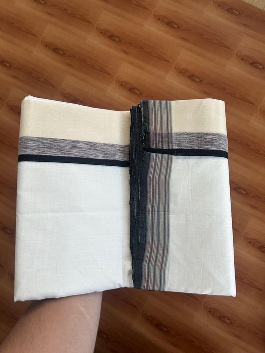25% Discount!! KaithariKada Handloom Unakkupaav - Kerala Handloom - 100% Pure Cotton Off White - (Unbleached) Double Mundu/Dothi - 100 x 80 - 4.5 inch Multi Colour & Black ,Cream Side Striped Kara 4 meter (8.5 muzham) - 6 KK5390 REA