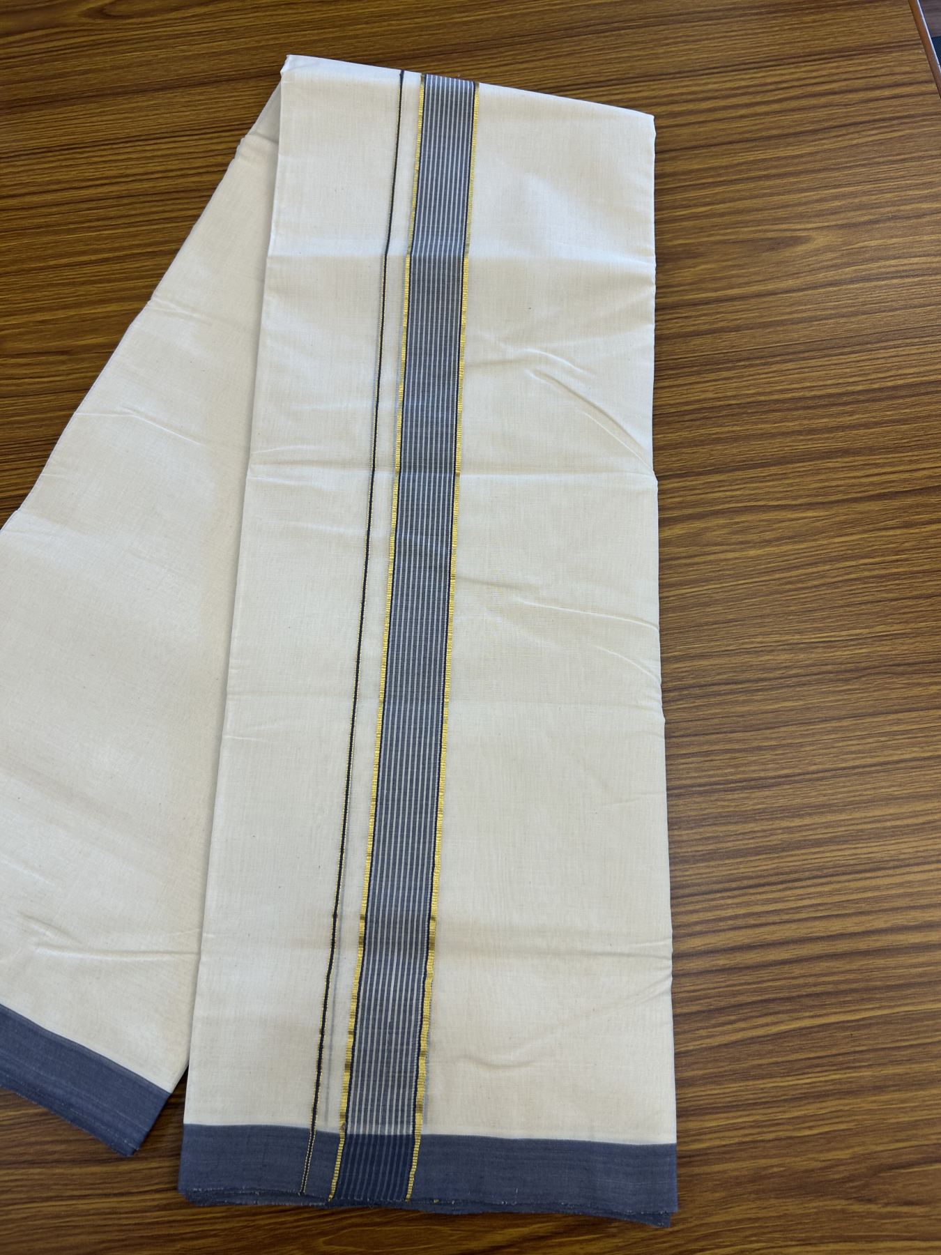 25% Discount! KaithariKada Handloom Millpaav Balaramapuram - Cotton Double Mundu/Dhoti Off white (Unbleached) - 80x90 - 1.25 inch Kasav  Ash Blue & White striped Kara - 3.60 meter (8 Muzham) - 17 KK5320 RAM