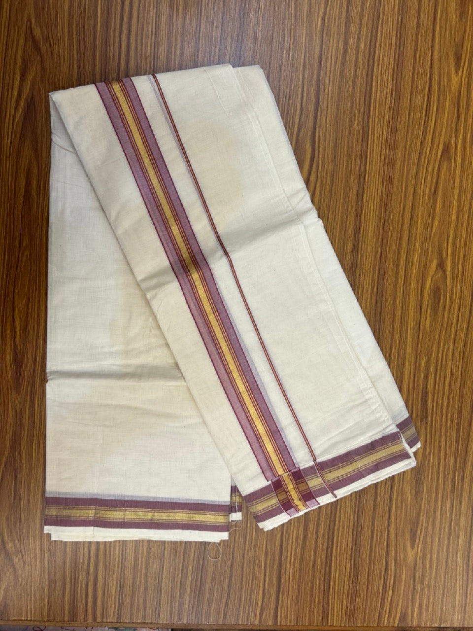 20% Discount ! KaithariKada Balaramapuram Mixed Cotton Double Off white - (Ubleached) Mundu/Dhoti  VELCRO Mundu/Dhoti  - (80s) - 1.5 inch Gold Kasavu & Light Plum Striped kara 4mtr (8.5 muzham) - 16 KK5284 PMC