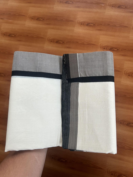 25% Discount!! KaithariKada Handloom Unakkupaav - Kerala Handloom - 100% Pure Cotton Off White - (Unbleached) Double Mundu/Dothi - 100 x 80 - 4.5 inch Black & Brown Side Striped Kara 4 meter (8.5 muzham) - 5 KK5390 REA