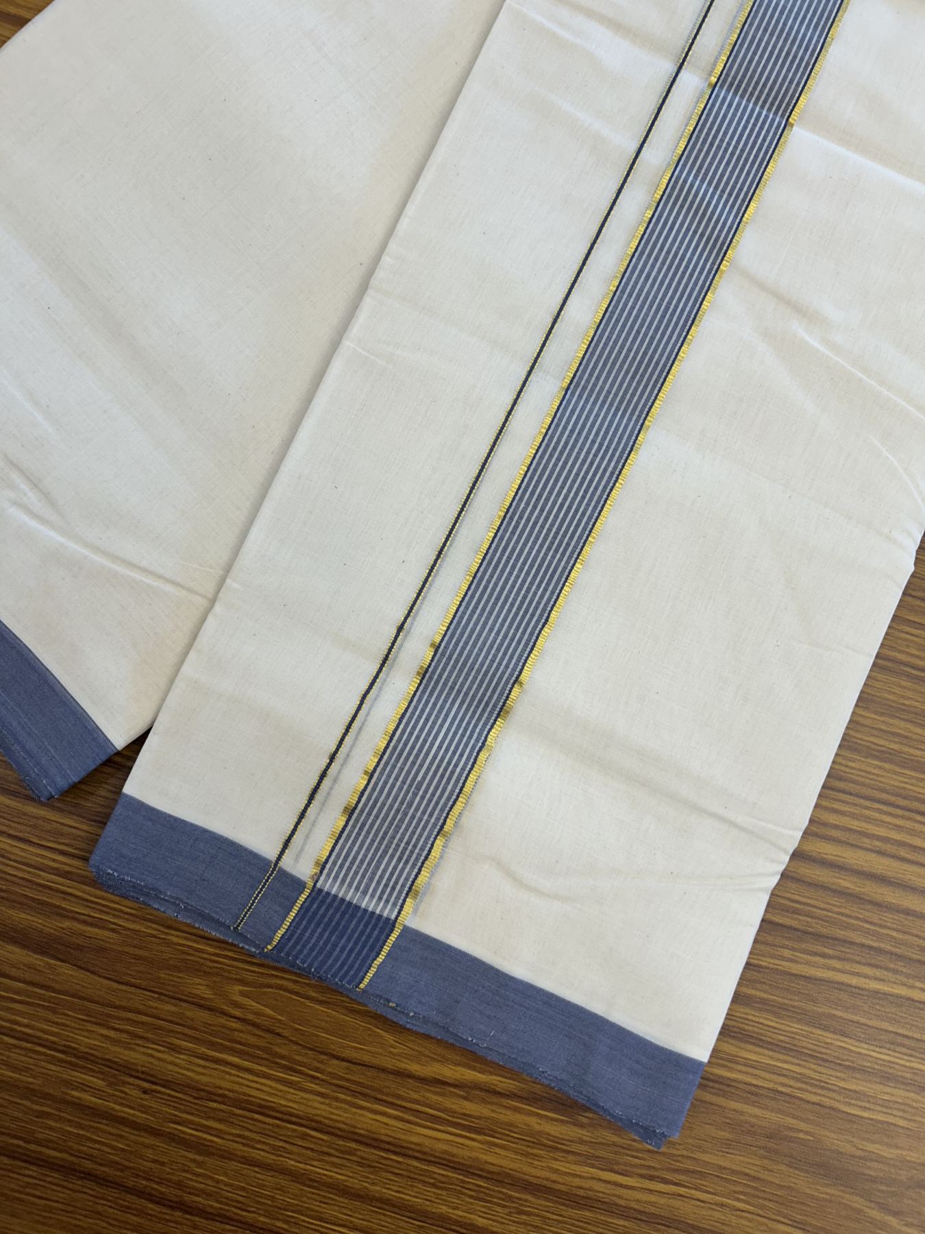 25% Discount! KaithariKada Handloom Millpaav Balaramapuram - Cotton Double Mundu/Dhoti Off white (Unbleached) - 80x90 - 1.25 inch Kasav  Ash Blue & White striped Kara - 3.60 meter (8 Muzham) - 17 KK5320 RAM