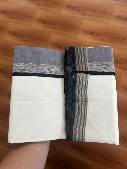 25% Discount!! KaithariKada Handloom Unakkupaav - Kerala Handloom - 100% Pure Cotton Off White - (Unbleached) Double Mundu/Dothi - 100 x 80 - 4.5 inch Multi Colour & Black ,Brown Side Striped Kara 3.80 meter (8 muzham) - 7 KK5390 REA