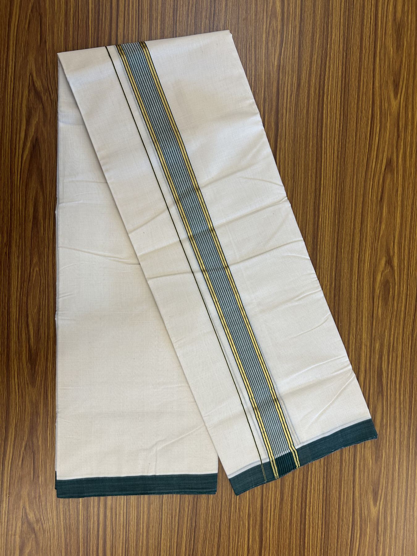 25% Discount! KaithariKada Handloom Millpaav Balaramapuram - Cotton Double Mundu/Dhoti Off white (Unbleached) - 80x90 - 1.5 inch Kasav  Dark Green & White striped Kara - 3.60 meter (8 Muzham) - 18 KK5320 RAM