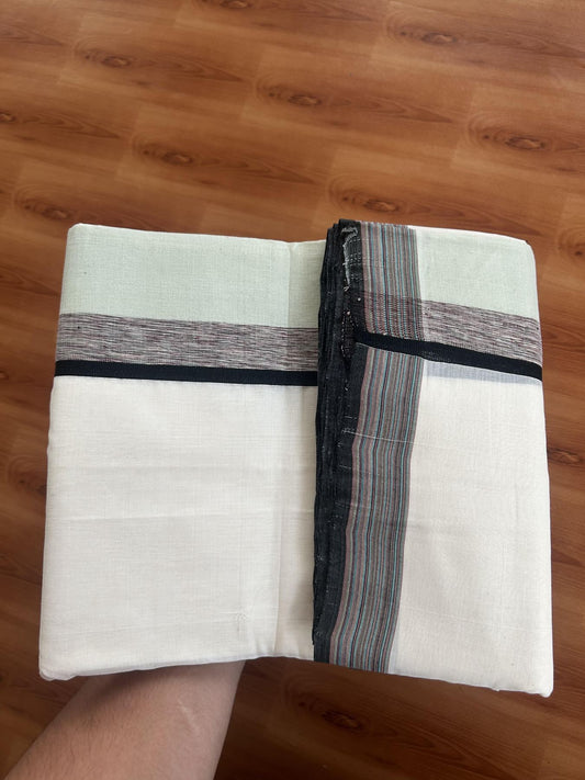 25% Discount!! KaithariKada Handloom Unakkupaav - Kerala Handloom - 100% Pure Cotton Off White - (Unbleached) Double Mundu/Dothi - 100 x 80 - 4.5 inch Multi colour , Black & Light Pista Green Side Striped Kara 4 meter (8.5 muzham) - 2 KK5390 REA
