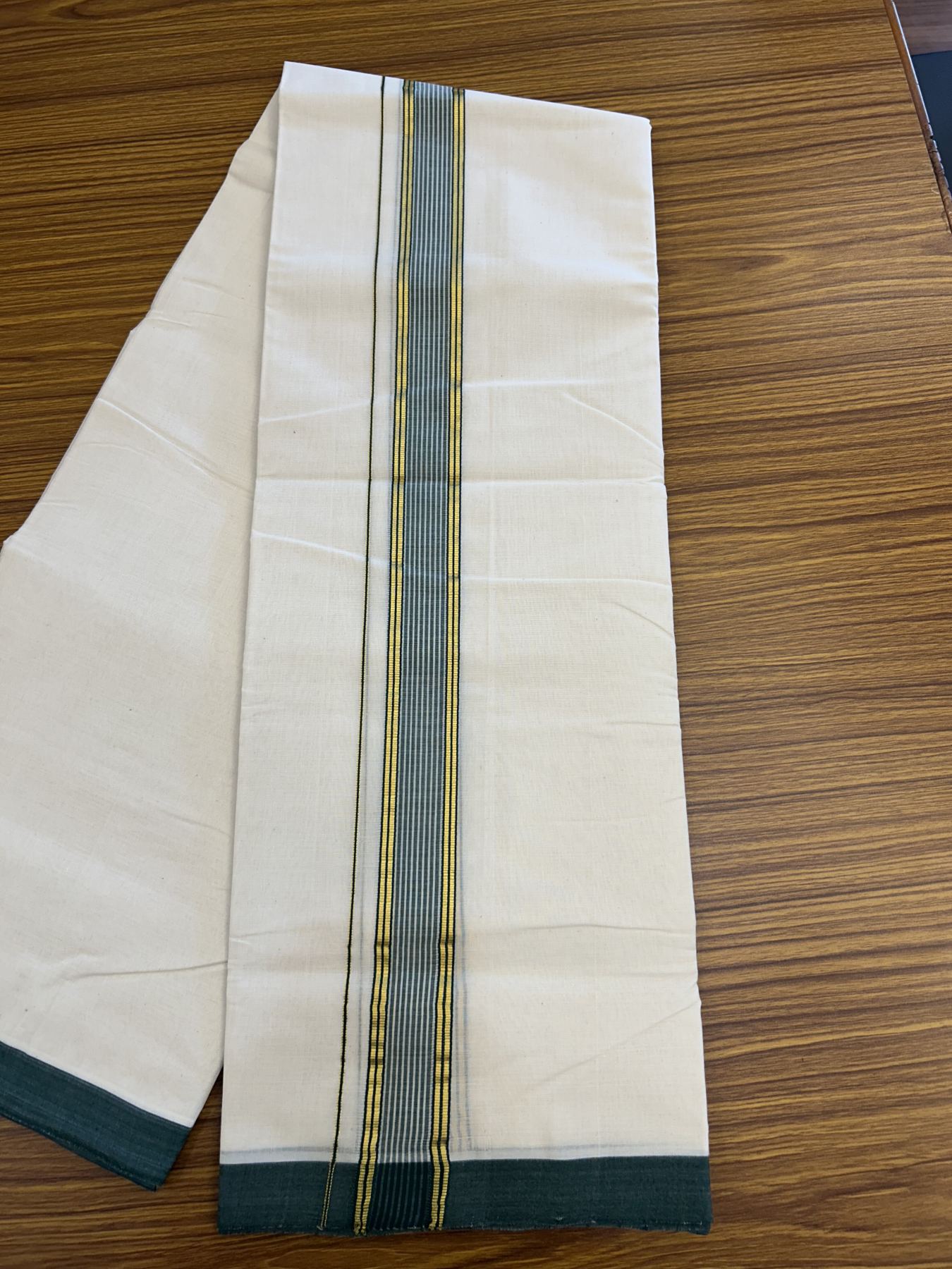 25% Discount! KaithariKada Handloom Millpaav Balaramapuram - Cotton Double Mundu/Dhoti Off white (Unbleached) - 80x90 - 1.5 inch Kasav  Dark Green & White striped Kara - 3.60 meter (8 Muzham) - 18 KK5320 RAM