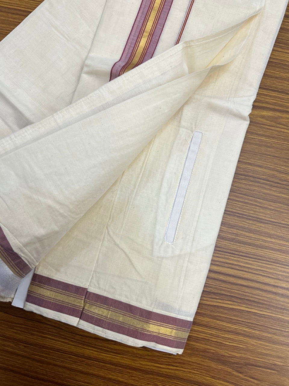 20% Discount ! KaithariKada Balaramapuram Mixed Cotton Double Off white - (Ubleached) Mundu/Dhoti  VELCRO Mundu/Dhoti  - (80s) - 1.5 inch Gold Kasavu & Light Plum Striped kara 4mtr (8.5 muzham) - 16 KK5284 PMC