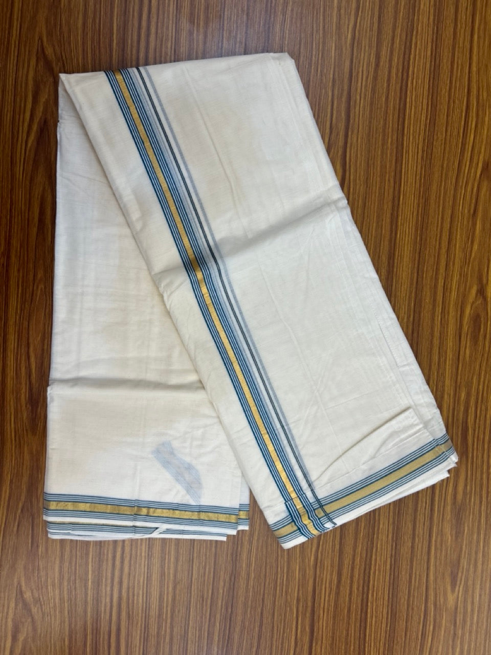 20% Discount ! KaithariKada Balaramapuram Mixed Cotton Double Off white - (Ubleached) Mundu/Dhoti  VELCRO Mundu/Dhoti  - (80s) - 1 inch Gold Kasavu & Peacock Blue Striped kara 4mtr (8.5 muzham) - 17 KK5284 PMC
