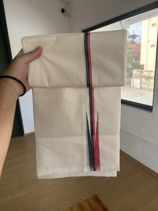 25% Discount!! KaithariKada Handloom Unakkupaav Kerala Handloom - 100% Pure Cotton Off White - (Unbleached) Double Mundu/Dothi - 100X80 - 1.5 inch Black Pinkish Red Puliyilakkara chutty 4.00 meter (8.5 Muzham) - 8 KK5390 REA