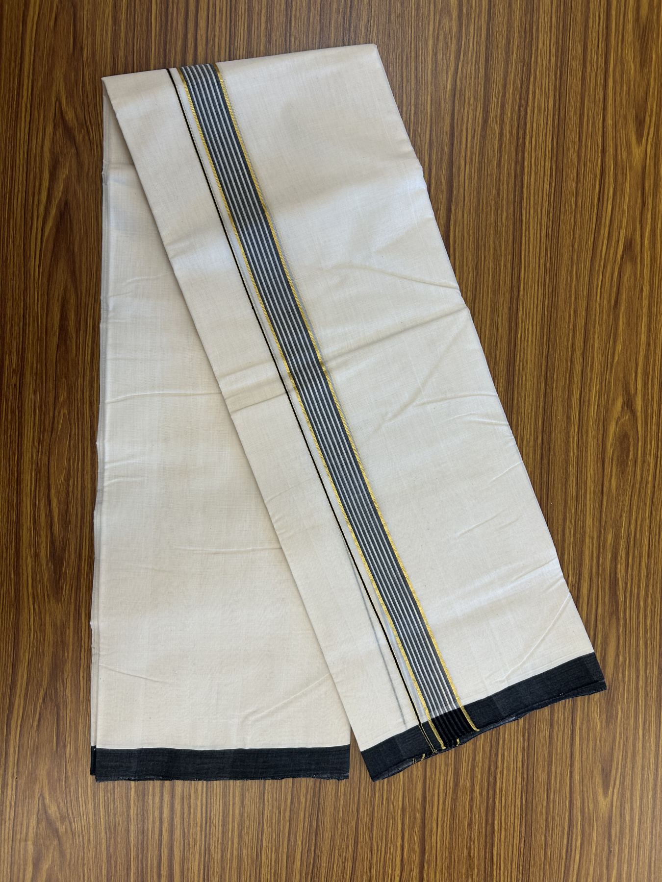 25% Discount! KaithariKada Handloom Millpaav Balaramapuram - Cotton Double Mundu/Dhoti Off white (Unbleached) - 80x90 - 1.25 inch Kasav Black & White striped Kara - 3.60 meter (8 Muzham) - 15 KK5320 RAM