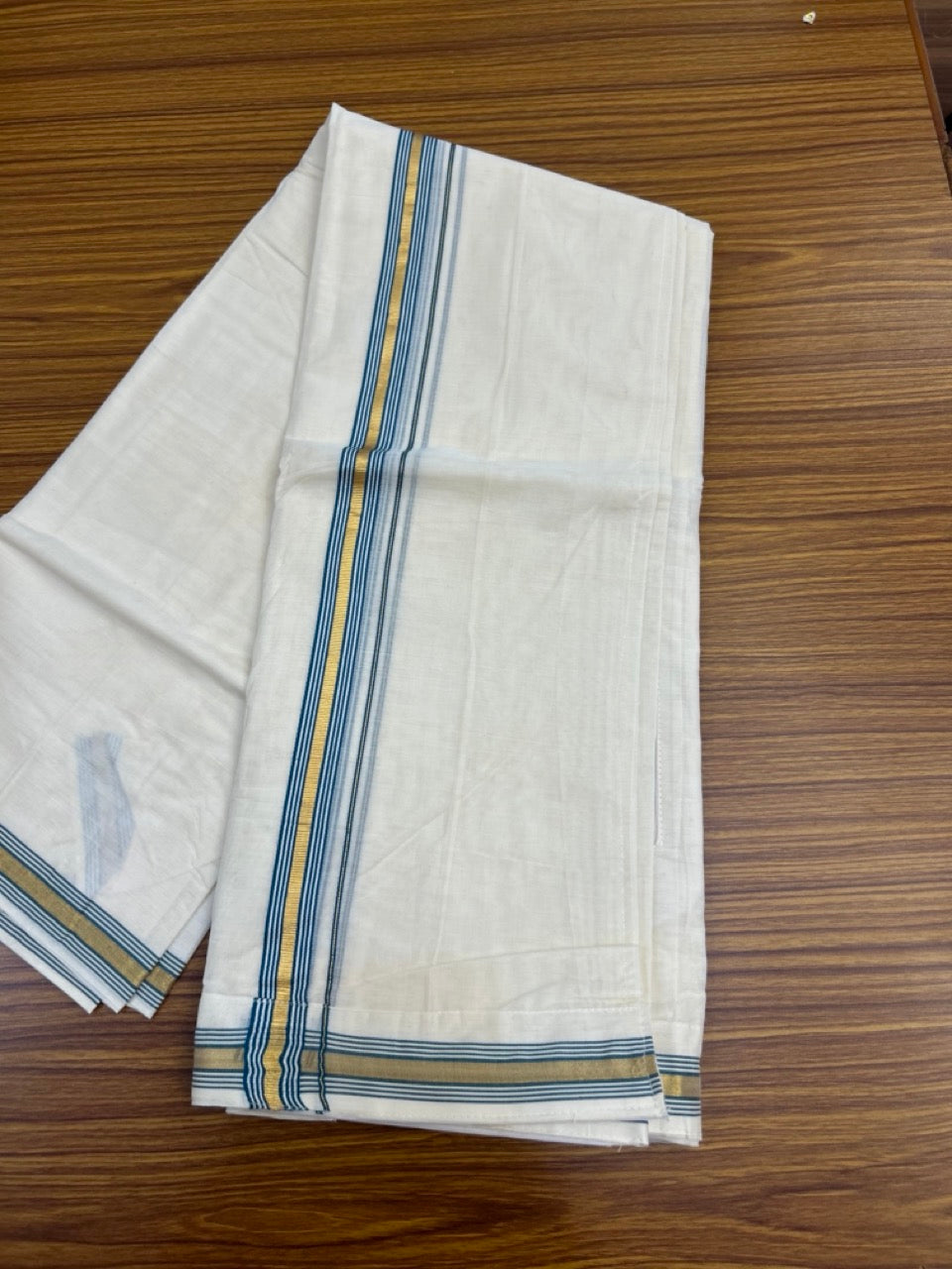 20% Discount ! KaithariKada Balaramapuram Mixed Cotton Double Off white - (Ubleached) Mundu/Dhoti  VELCRO Mundu/Dhoti  - (80s) - 1 inch Gold Kasavu & Peacock Blue Striped kara 4mtr (8.5 muzham) - 17 KK5284 PMC