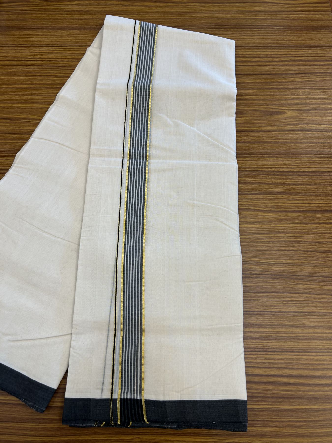 25% Discount! KaithariKada Handloom Millpaav Balaramapuram - Cotton Double Mundu/Dhoti Off white (Unbleached) - 80x90 - 1.25 inch Kasav Black & White striped Kara - 3.60 meter (8 Muzham) - 15 KK5320 RAM