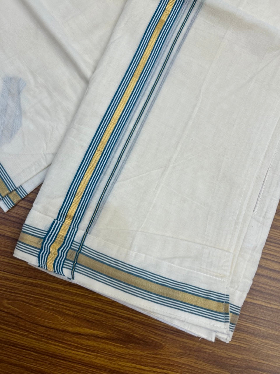 20% Discount ! KaithariKada Balaramapuram Mixed Cotton Double Off white - (Ubleached) Mundu/Dhoti  VELCRO Mundu/Dhoti  - (80s) - 1 inch Gold Kasavu & Peacock Blue Striped kara 4mtr (8.5 muzham) - 17 KK5284 PMC