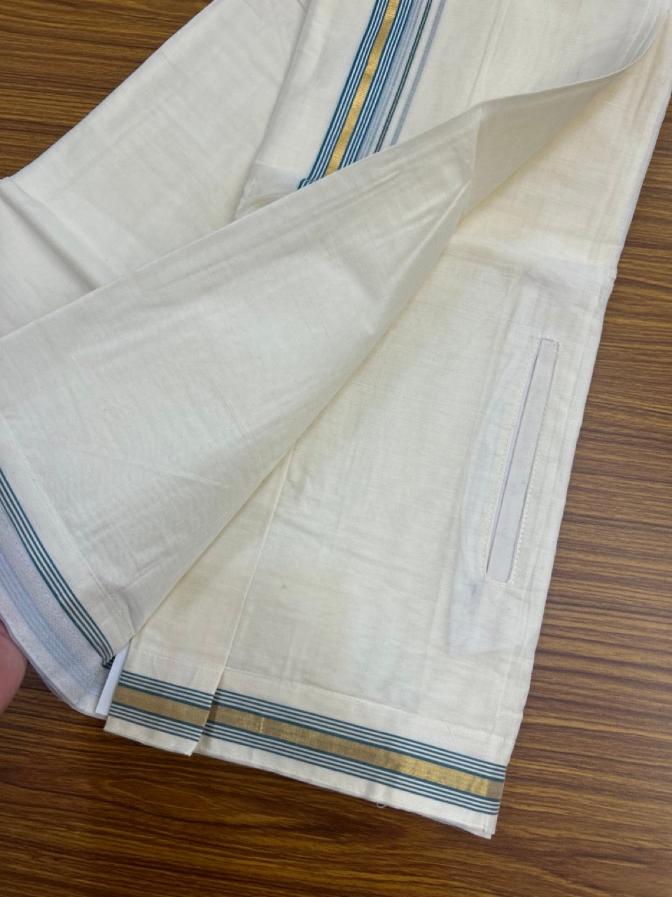 20% Discount ! KaithariKada Balaramapuram Mixed Cotton Double Off white - (Ubleached) Mundu/Dhoti  VELCRO Mundu/Dhoti  - (80s) - 1 inch Gold Kasavu & Peacock Blue Striped kara 4mtr (8.5 muzham) - 17 KK5284 PMC