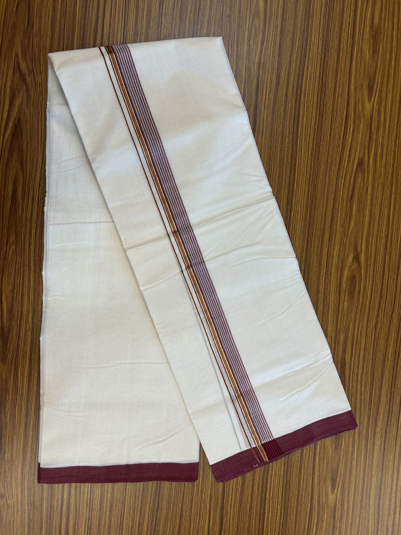 25% Discount! KaithariKada Handloom Millpaav Balaramapuram - Cotton Double Mundu/Dhoti Off white (Unbleached) - 80x90 - 1.25 inch Kasav  Maroon & White striped Kara - 3.60 meter (8 Muzham) - 20 KK5320 RAM