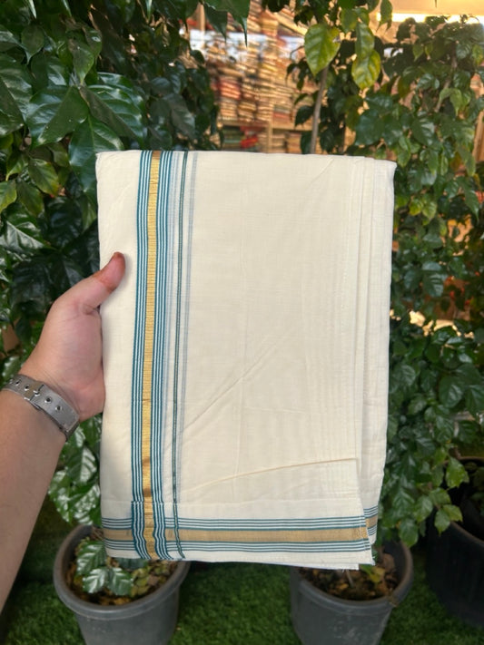 20% Discount ! KaithariKada Balaramapuram Mixed Cotton Double Off white - (Ubleached) Mundu/Dhoti  VELCRO Mundu/Dhoti  - (80s) - 1 inch Gold Kasavu & Peacock Blue Striped kara 4mtr (8.5 muzham) - 17 KK5284 PMC
