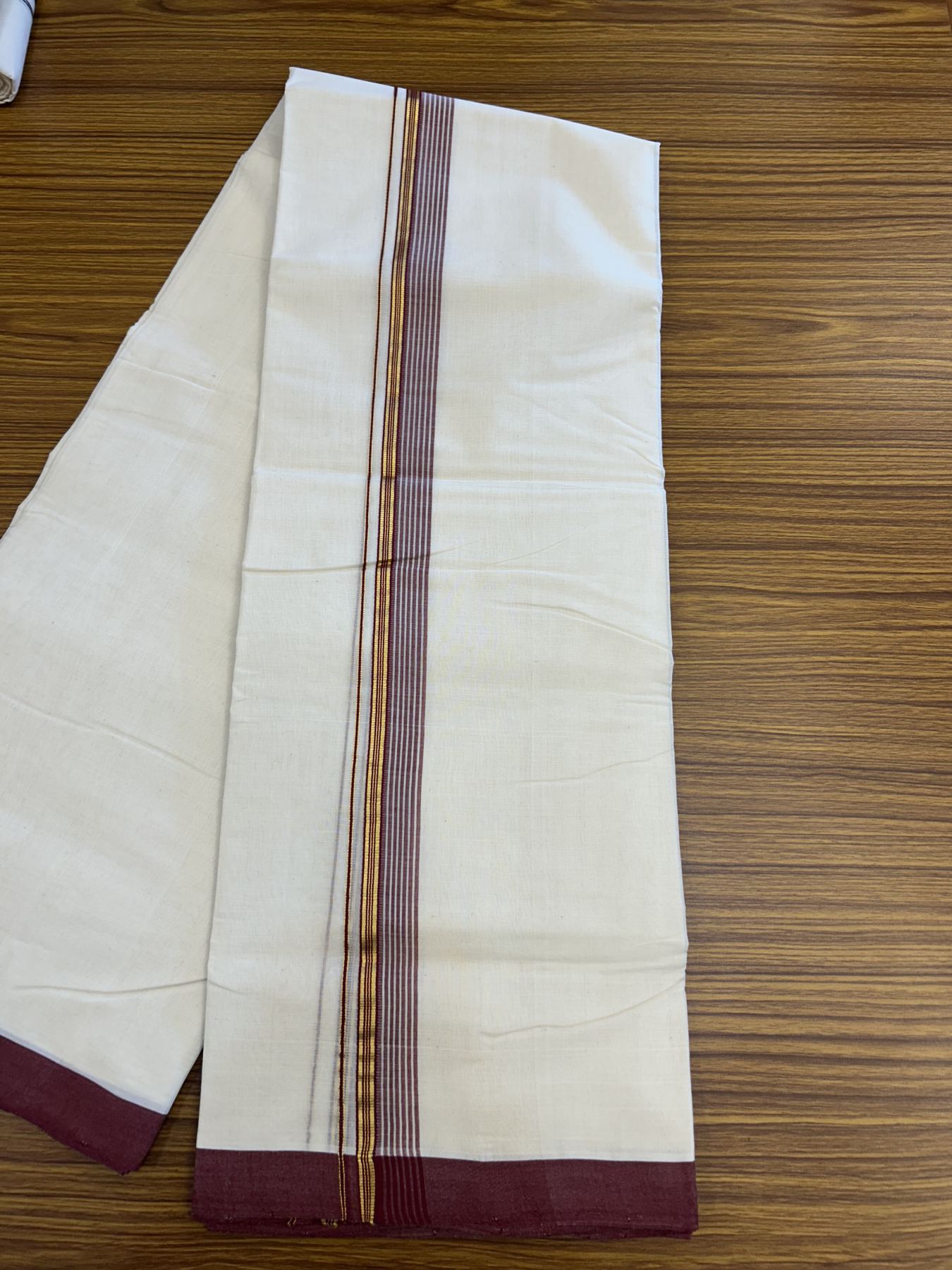 25% Discount! KaithariKada Handloom Millpaav Balaramapuram - Cotton Double Mundu/Dhoti Off white (Unbleached) - 80x90 - 1.25 inch Kasav  Maroon & White striped Kara - 3.60 meter (8 Muzham) - 20 KK5320 RAM