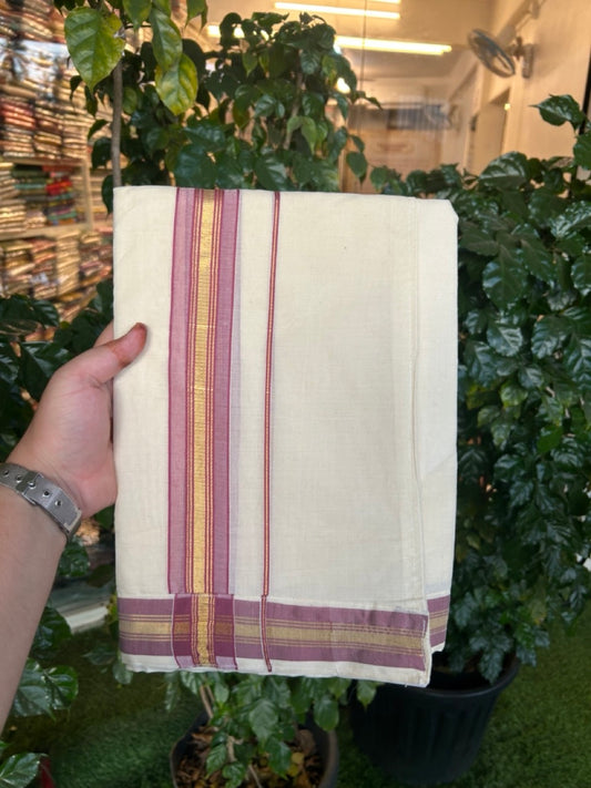 20% Discount ! KaithariKada Balaramapuram Mixed Cotton Double Off white - (Ubleached) Mundu/Dhoti  VELCRO Mundu/Dhoti  - (80s) - 1.5 inch Gold Kasavu & Light Plum Striped kara 4mtr (8.5 muzham) - 16 KK5284 PMC