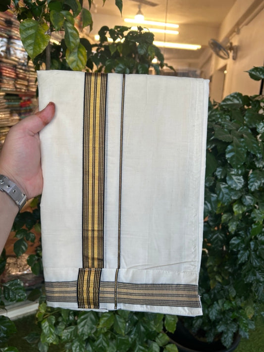 20% Discount ! KaithariKada Balaramapuram Mixed Cotton Double Off white - (Ubleached) Mundu/Dhoti  VELCRO Mundu/Dhoti  - (80s) - 1.25 inch Gold Kasavu & Black Striped kara 4mtr (8.5 muzham) - 15 KK5284 PMC