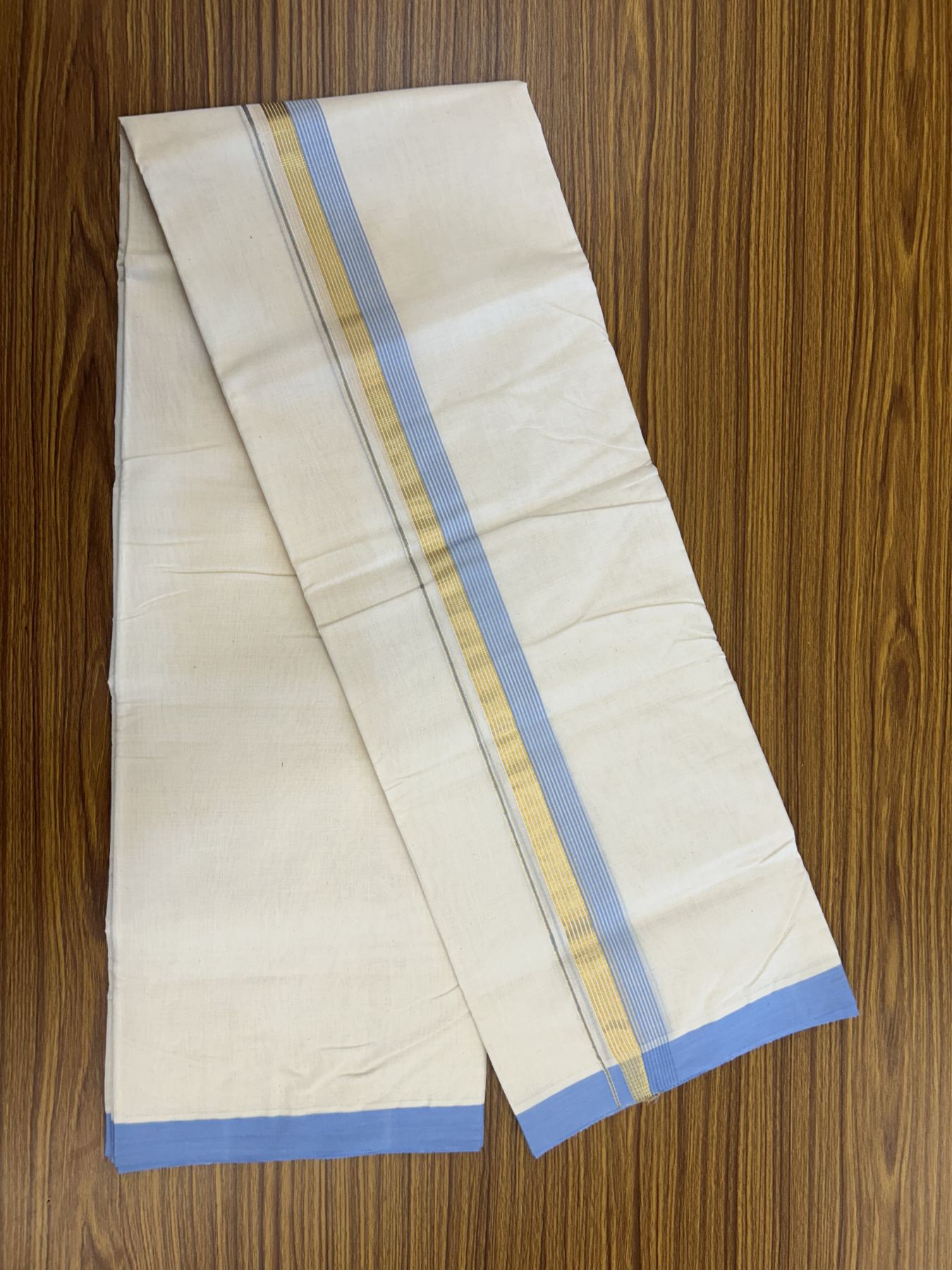25% Discount! KaithariKada Handloom Millpaav Balaramapuram - Cotton Double Mundu/Dhoti Off white (Unbleached) - 80x90 - 1.5 inch Kasav  Sky Blue & White striped Kara - 3.70 meter (8 Muzham) - 37 KK5320 RAM