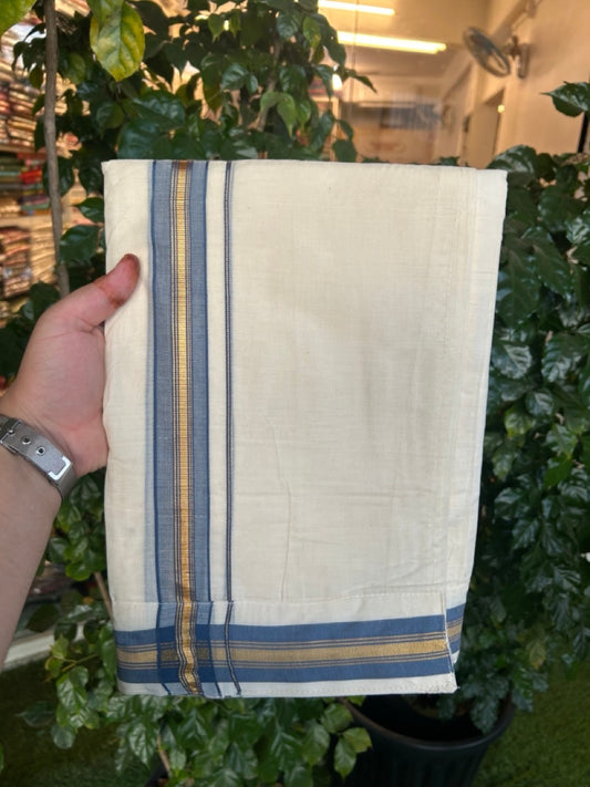 20% Discount ! KaithariKada Balaramapuram Mixed Cotton Double Off white - (Ubleached) Mundu/Dhoti  VELCRO Mundu/Dhoti  - (80s) - 1.25 inch Gold Kasavu & Ash Blue Striped kara 4mtr (8.5 muzham) - 14 KK5284 PMC