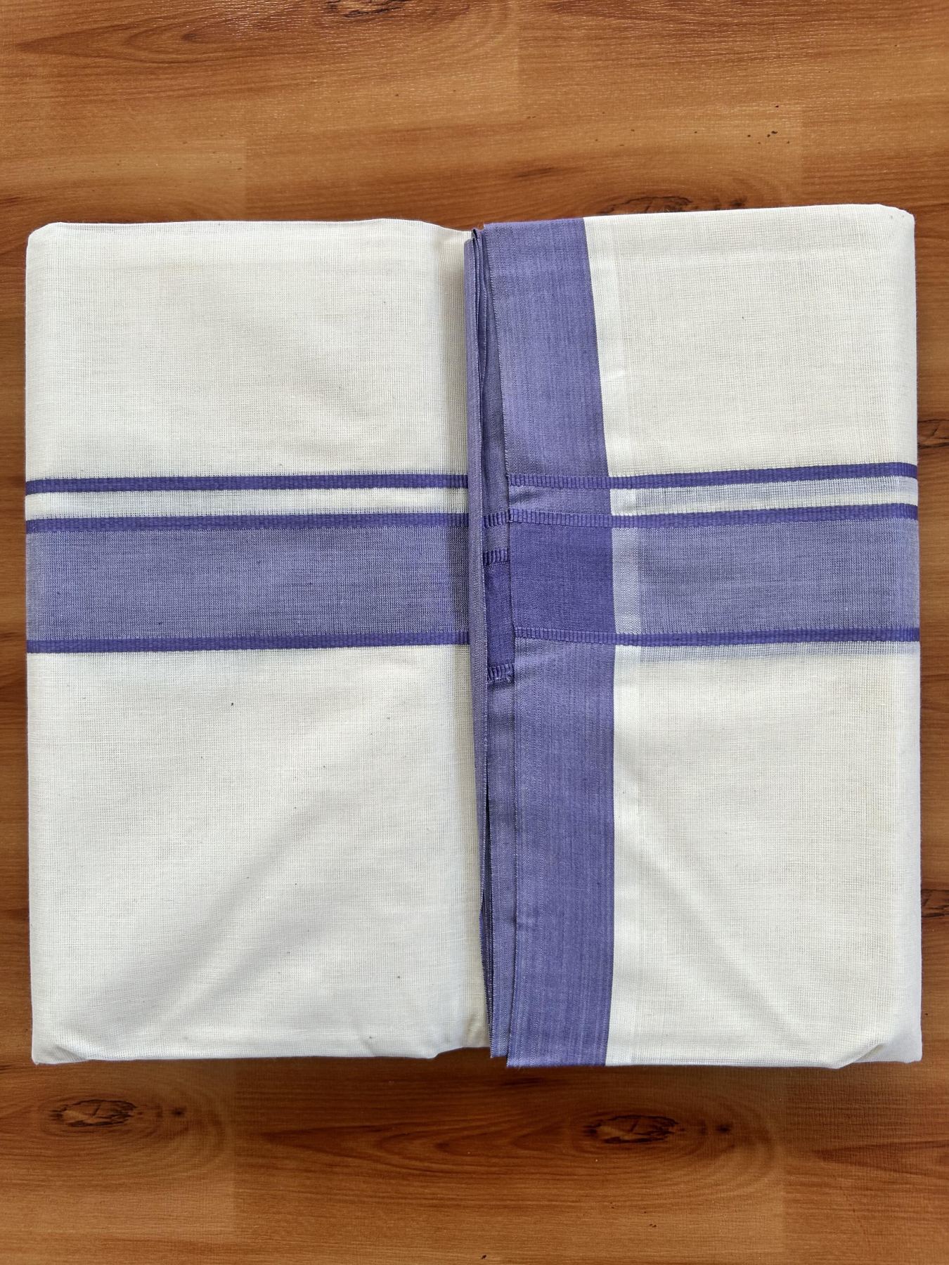 Double Off white - (Unbleached) Mundu/Dhoti- 20% Discount!! KaithariKada Balaramapuram 100% Cotton - 100x80 - 1.5 inch Lavender Shaded Kara - 3.75 mtr (8 Muzham) - 9 KK5419 ASH
