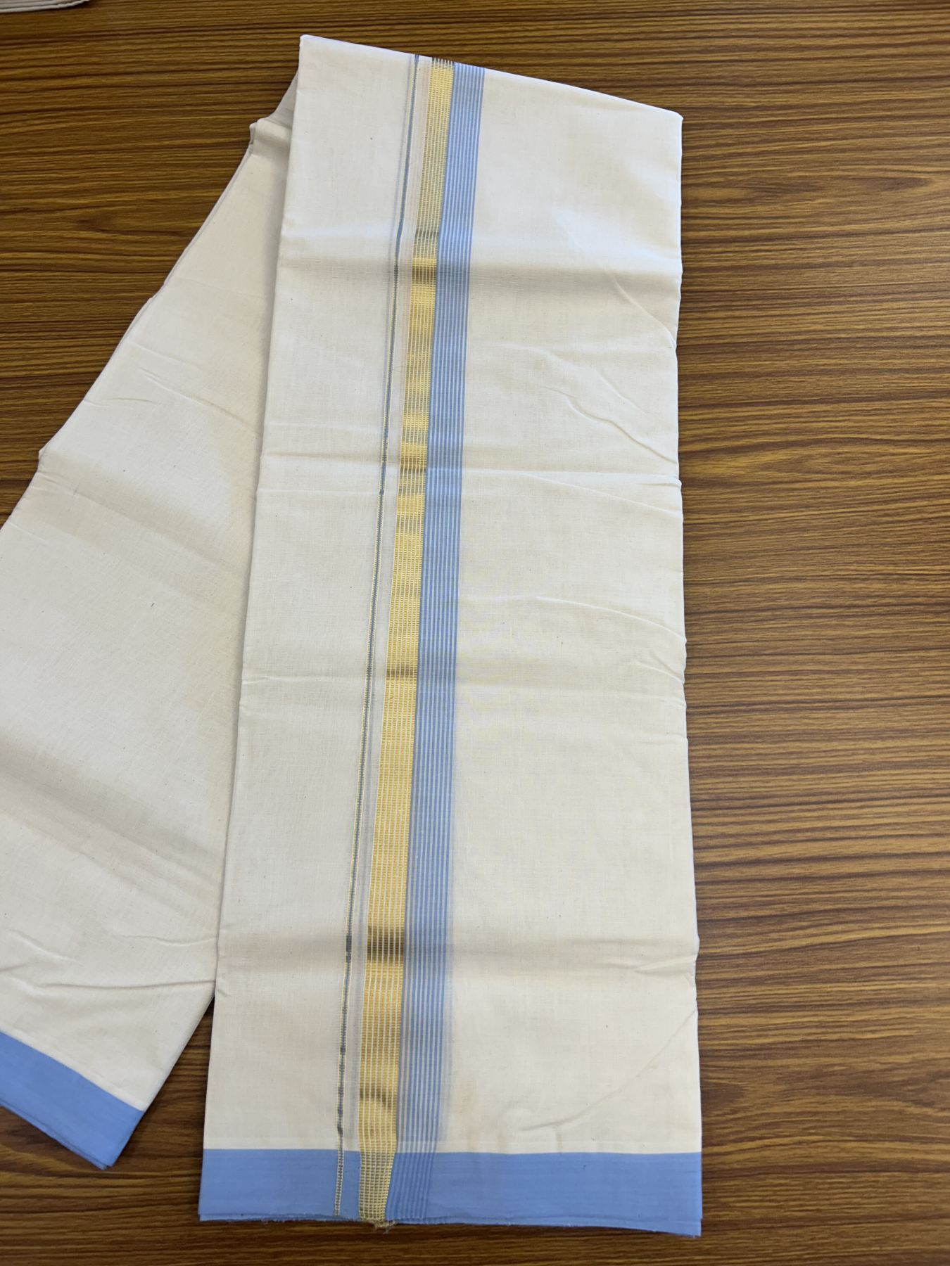 25% Discount! KaithariKada Handloom Millpaav Balaramapuram - Cotton Double Mundu/Dhoti Off white (Unbleached) - 80x90 - 1.5 inch Kasav  Sky Blue & White striped Kara - 3.70 meter (8 Muzham) - 37 KK5320 RAM