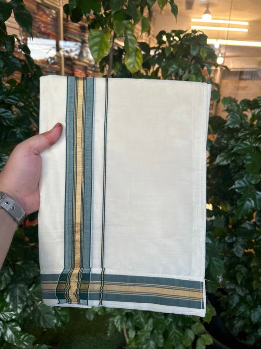 20% Discount ! KaithariKada Balaramapuram Mixed Cotton Double Off white - (Ubleached) Mundu/Dhoti  VELCRO Mundu/Dhoti  - (80s) - 1.5 inch Gold Kasavu & Green Striped kara 4mtr (8.5 muzham) - 13 KK5284 PMC