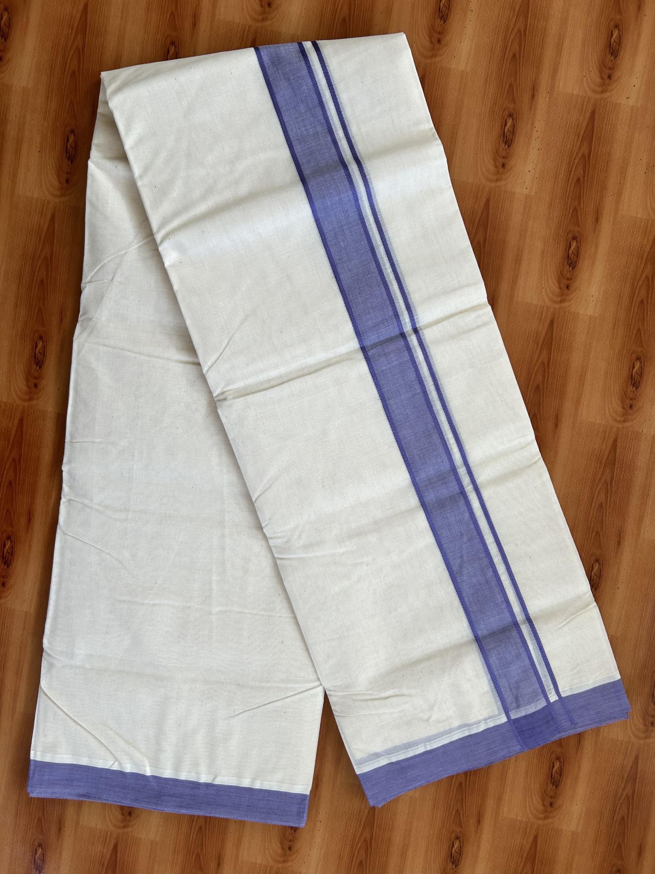 Double Off white - (Unbleached) Mundu/Dhoti- 20% Discount!! KaithariKada Balaramapuram 100% Cotton - 100x80 - 1.5 inch Lavender Shaded Kara - 3.75 mtr (8 Muzham) - 9 KK5419 ASH
