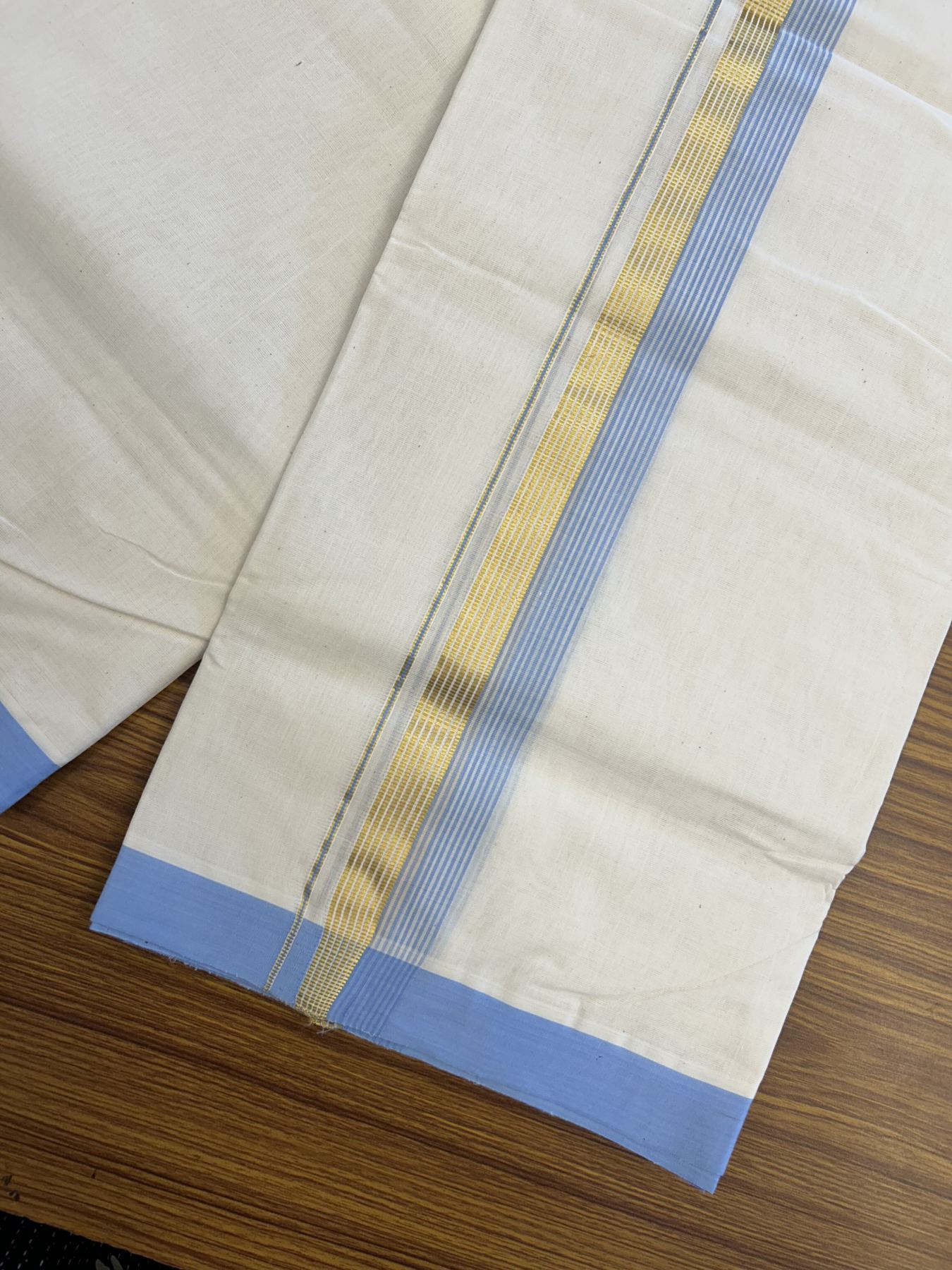25% Discount! KaithariKada Handloom Millpaav Balaramapuram - Cotton Double Mundu/Dhoti Off white (Unbleached) - 80x90 - 1.5 inch Kasav  Sky Blue & White striped Kara - 3.70 meter (8 Muzham) - 37 KK5320 RAM