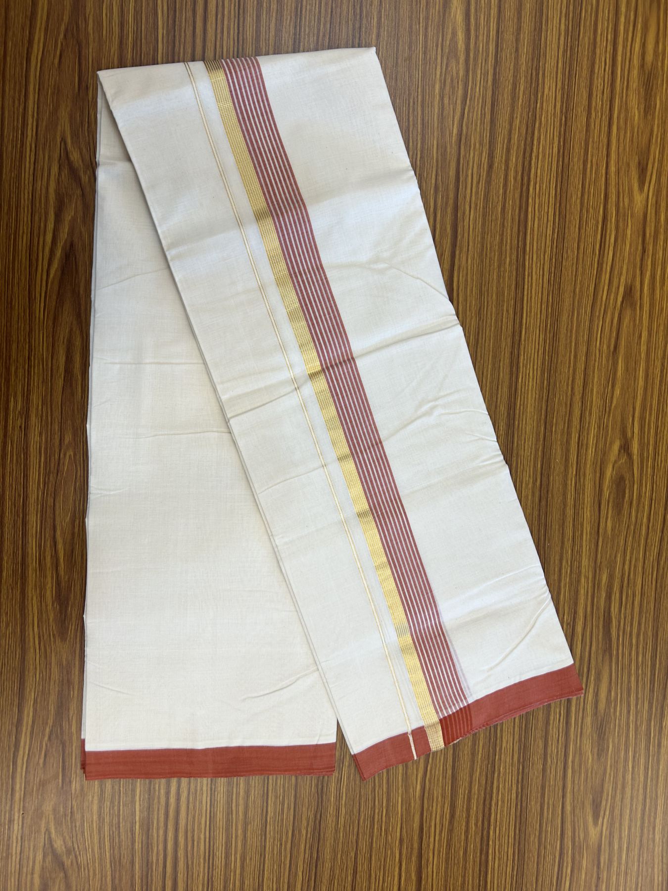 25% Discount! KaithariKada Handloom Millpaav Balaramapuram - Cotton Double Mundu/Dhoti Off white (Unbleached) - 80x90 - 1.75 inch Kasav  Brick Red & White striped Kara - 3.70 meter (8 Muzham) - 36 KK5320 RAM
