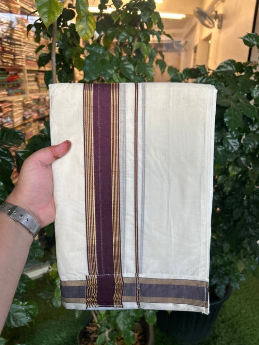 20% Discount ! KaithariKada Balaramapuram Mixed Cotton Double Off white - (Ubleached) Mundu/Dhoti  VELCRO Mundu/Dhoti  - (80s) - 2 inch Gold Kasavu & Brown Striped kara 4mtr (8.5 muzham) - 11 KK5284 PMC