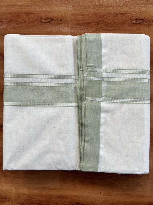 Double Off white - (Unbleached) Mundu/Dhoti- 20% Discount!! KaithariKada Balaramapuram 100% Cotton - 100x80 - 1.5 inch Pista Green Shaded Striped Kara - 3.75 mtr (8 Muzham) - 3 KK5419 ASH