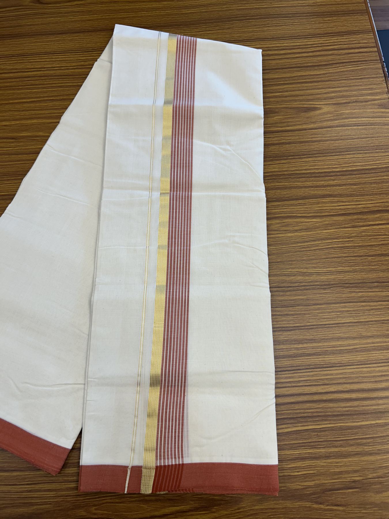 25% Discount! KaithariKada Handloom Millpaav Balaramapuram - Cotton Double Mundu/Dhoti Off white (Unbleached) - 80x90 - 1.75 inch Kasav  Brick Red & White striped Kara - 3.70 meter (8 Muzham) - 36 KK5320 RAM
