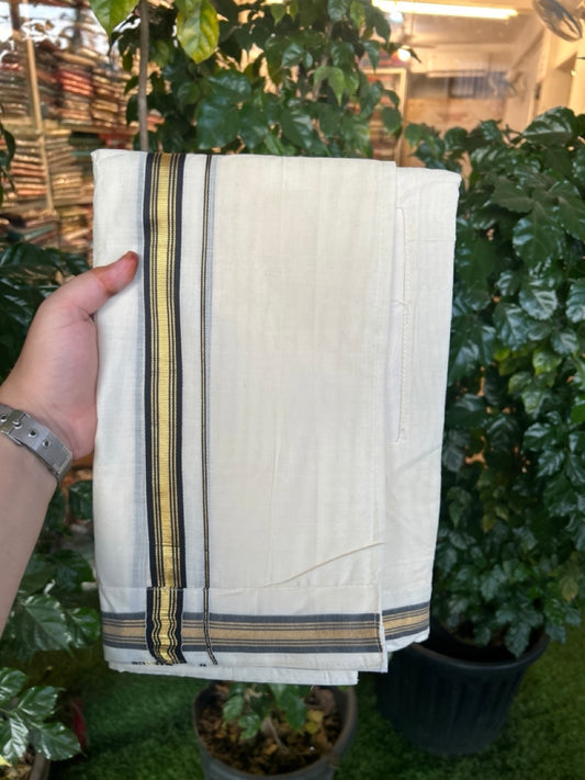 20% Discount ! KaithariKada Balaramapuram Mixed Cotton Double Off white - (Ubleached) Mundu/Dhoti  VELCRO Mundu/Dhoti  - (80s) - 1 inch Gold Kasavu & Black Striped kara 4mtr (8.5 muzham) - 10 KK5284 PMC