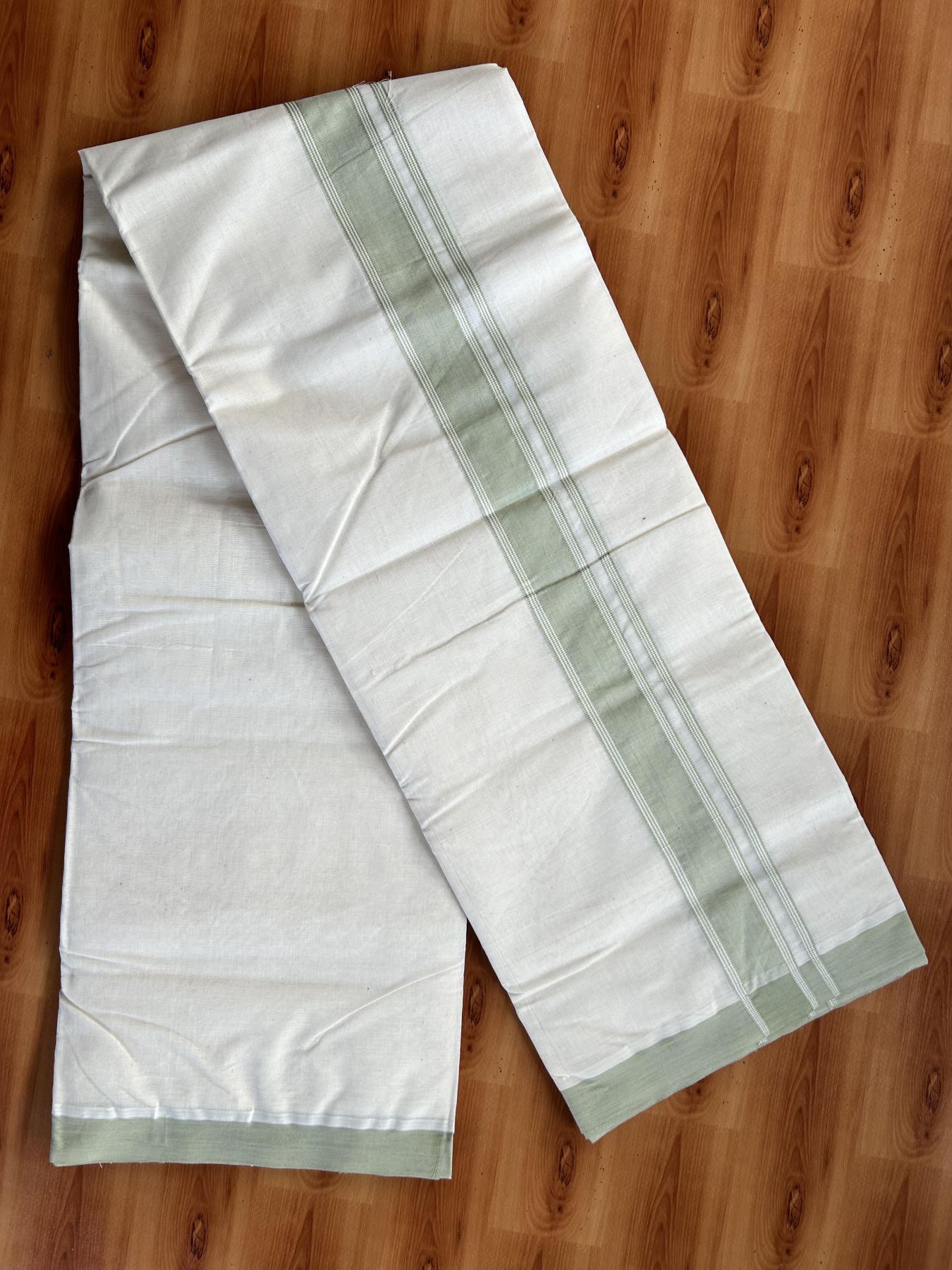 Double Off white - (Unbleached) Mundu/Dhoti- 20% Discount!! KaithariKada Balaramapuram 100% Cotton - 100x80 - 1.5 inch Pista Green Shaded Striped Kara - 3.75 mtr (8 Muzham) - 3 KK5419 ASH