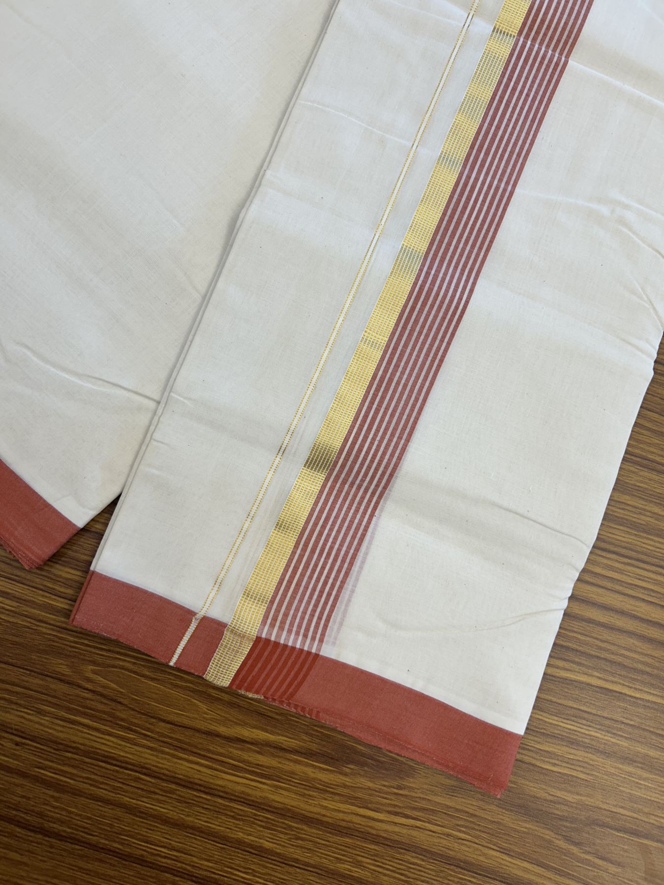 25% Discount! KaithariKada Handloom Millpaav Balaramapuram - Cotton Double Mundu/Dhoti Off white (Unbleached) - 80x90 - 1.75 inch Kasav  Brick Red & White striped Kara - 3.70 meter (8 Muzham) - 36 KK5320 RAM