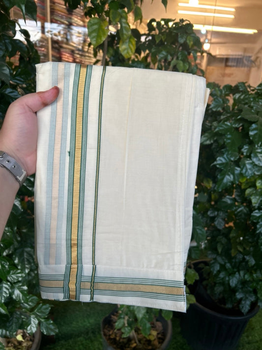20% Discount ! KaithariKada Balaramapuram Mixed Cotton Double Off white - (Ubleached) Mundu/Dhoti  VELCRO Mundu/Dhoti  - (80s) - 1 inch Gold Kasavu & Green Striped kara 4mtr (8.5 muzham) - 9 KK5284 PMC
