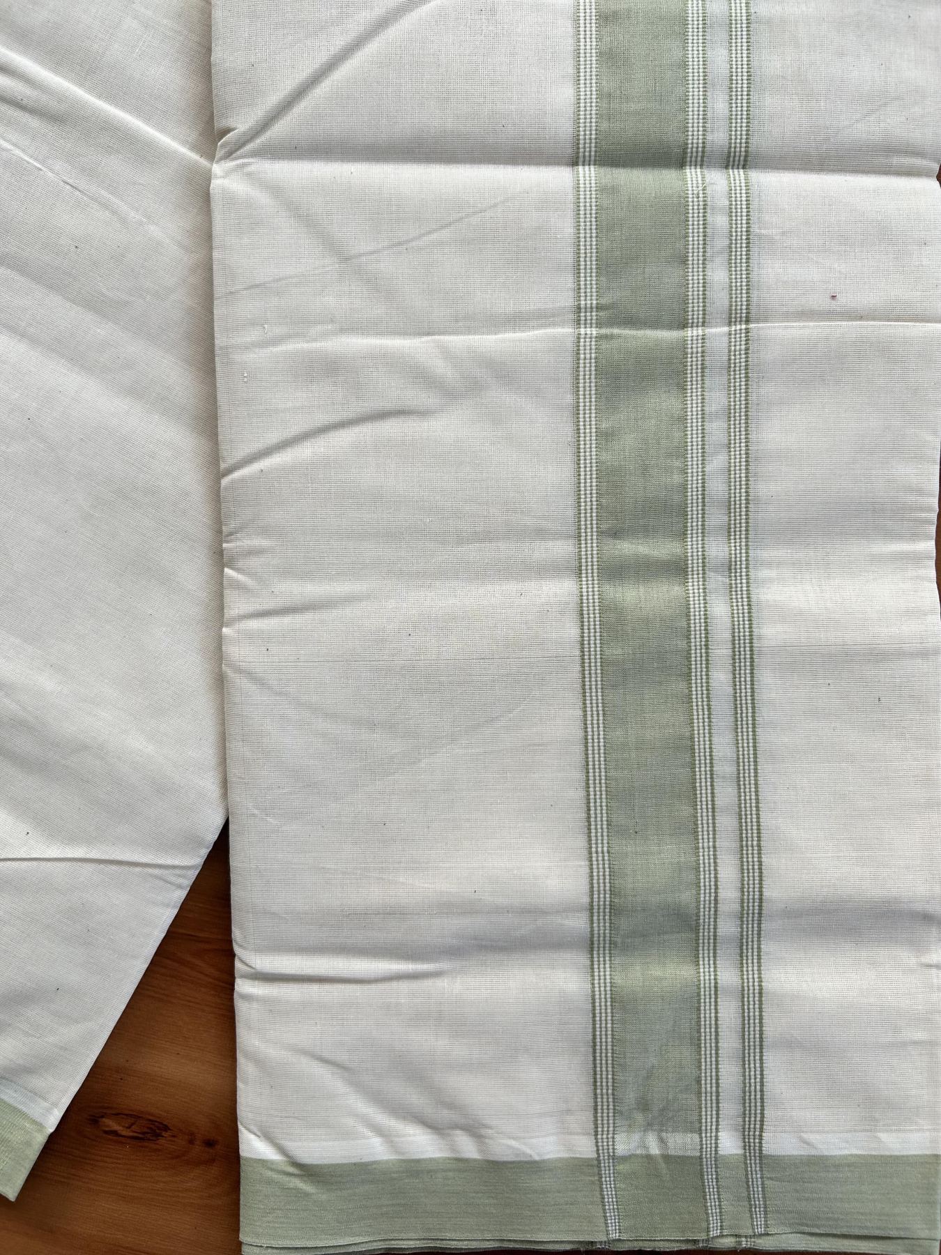 Double Off white - (Unbleached) Mundu/Dhoti- 20% Discount!! KaithariKada Balaramapuram 100% Cotton - 100x80 - 1.5 inch Pista Green Shaded Striped Kara - 3.75 mtr (8 Muzham) - 3 KK5419 ASH