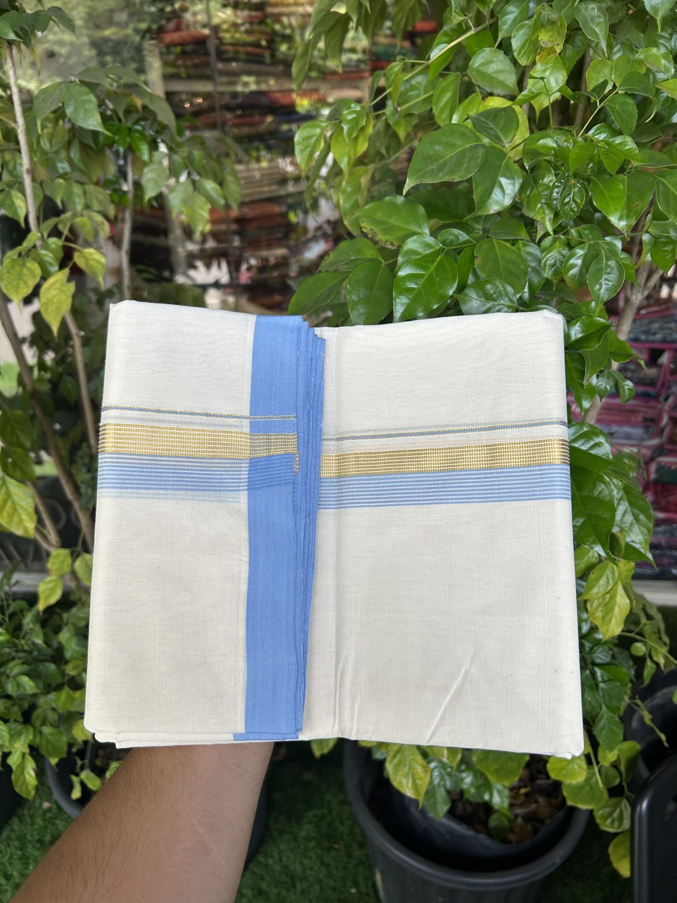 25% Discount! KaithariKada Handloom Millpaav Balaramapuram - Cotton Double Mundu/Dhoti Off white (Unbleached) - 80x90 - 1.5 inch Kasav  Sky Blue & White striped Kara - 3.70 meter (8 Muzham) - 37 KK5320 RAM