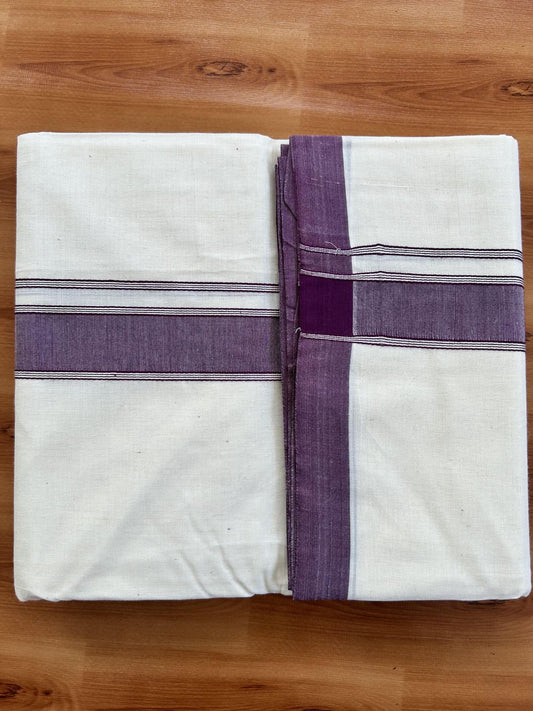 Double Off white - (Unbleached) Mundu/Dhoti- 20% Discount!! KaithariKada Balaramapuram 100% Cotton - 100x80 - 1.5 inch Purple Shaded Striped Kara - 3.75 mtr (8 Muzham) - 2 KK5419 ASH