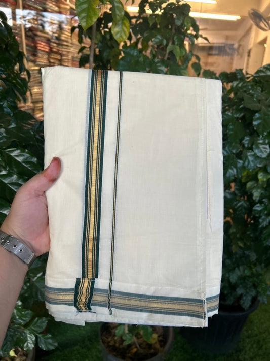 20% Discount ! KaithariKada Balaramapuram Mixed Cotton Double Off white - (Ubleached) Mundu/Dhoti  VELCRO Mundu/Dhoti  - (80s) - 1 inch Gold Kasavu & Green Striped kara 4mtr (8.5 muzham) - 8 KK5284 PMC