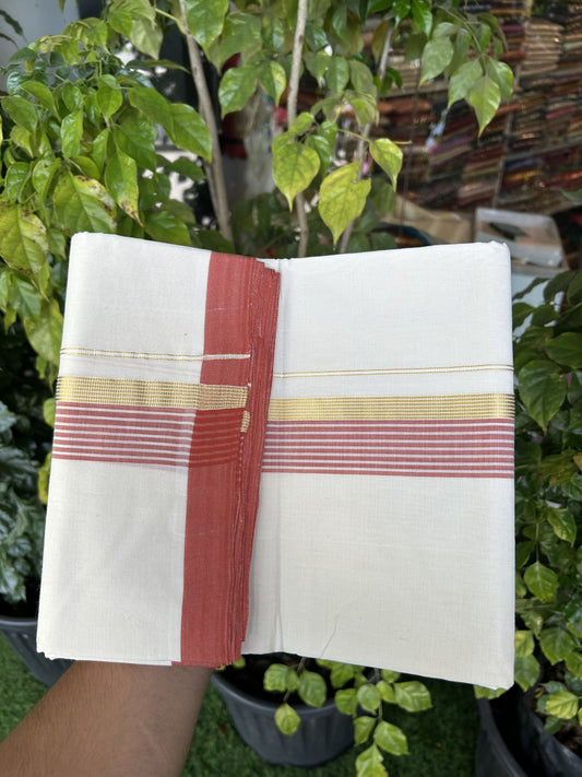 25% Discount! KaithariKada Handloom Millpaav Balaramapuram - Cotton Double Mundu/Dhoti Off white (Unbleached) - 80x90 - 1.75 inch Kasav  Brick Red & White striped Kara - 3.70 meter (8 Muzham) - 36 KK5320 RAM