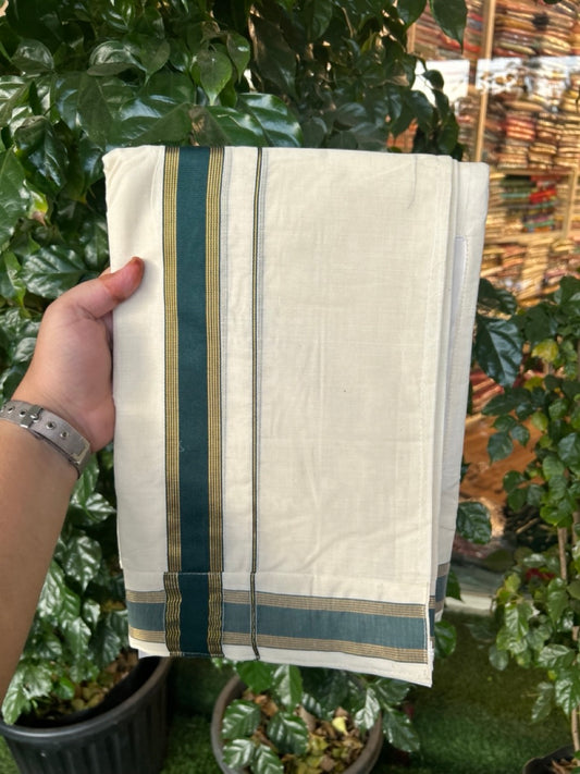 20% Discount ! KaithariKada Balaramapuram Mixed Cotton Double Off white - (Ubleached) Mundu/Dhoti  VELCRO Mundu/Dhoti  - (80s) - 1.5 inch Gold Kasavu & Green Striped kara 4mtr (8.5 muzham) - 7 KK5284 PMC