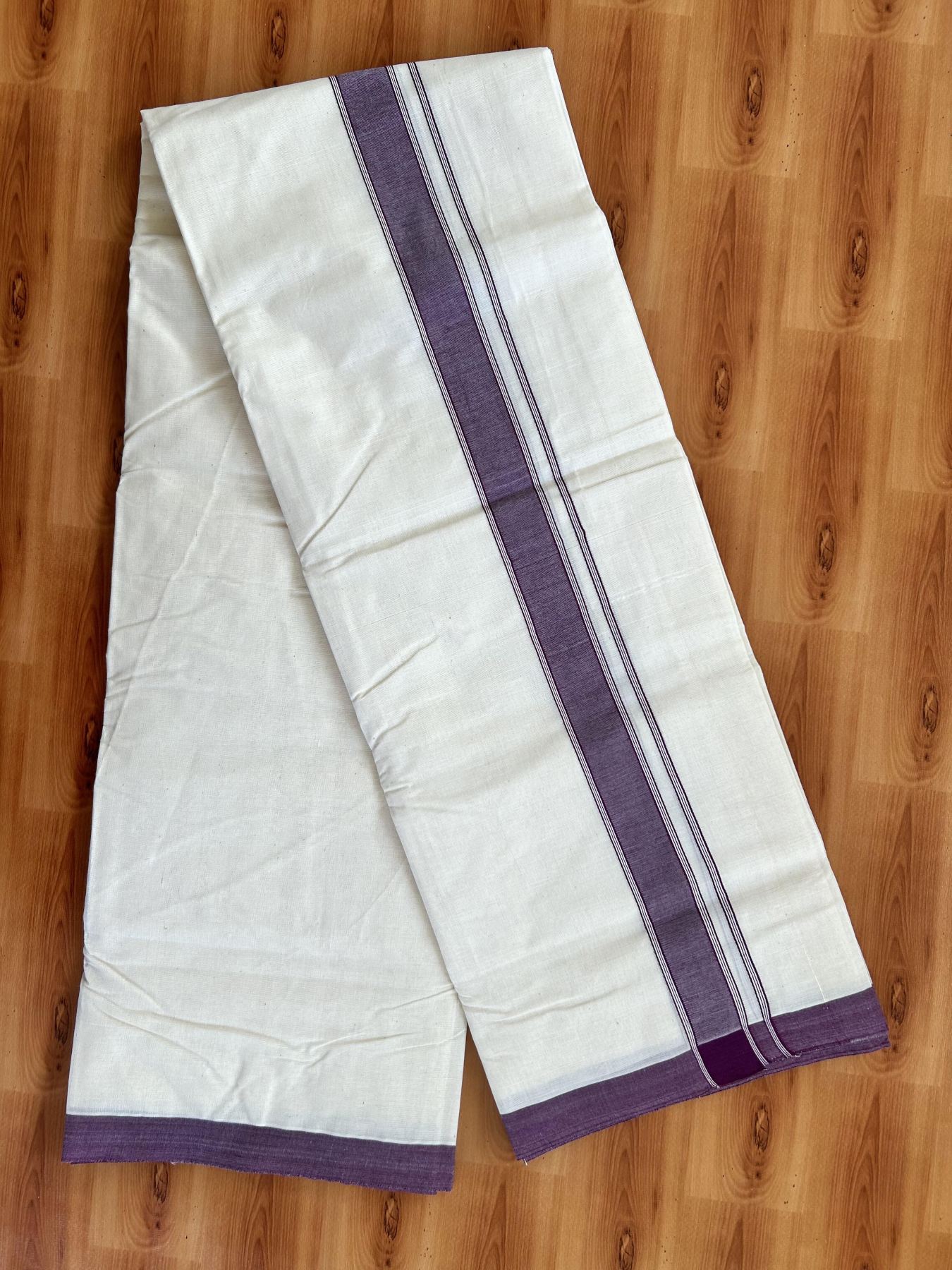 Double Off white - (Unbleached) Mundu/Dhoti- 20% Discount!! KaithariKada Balaramapuram 100% Cotton - 100x80 - 1.5 inch Purple Shaded Striped Kara - 3.75 mtr (8 Muzham) - 2 KK5419 ASH