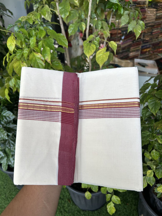 25% Discount! KaithariKada Handloom Millpaav Balaramapuram - Cotton Double Mundu/Dhoti Off white (Unbleached) - 80x90 - 1.25 inch Kasav  Maroon & White striped Kara - 3.60 meter (8 Muzham) - 20 KK5320 RAM
