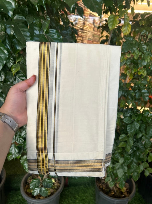 20% Discount ! KaithariKada Balaramapuram Mixed Cotton Double Off white - (Ubleached) Mundu/Dhoti  VELCRO Mundu/Dhoti  - (80s) - 1 inch Gold Kasavu & Black Striped kara 4mtr (8.5 muzham) - 6 KK5284 PMC