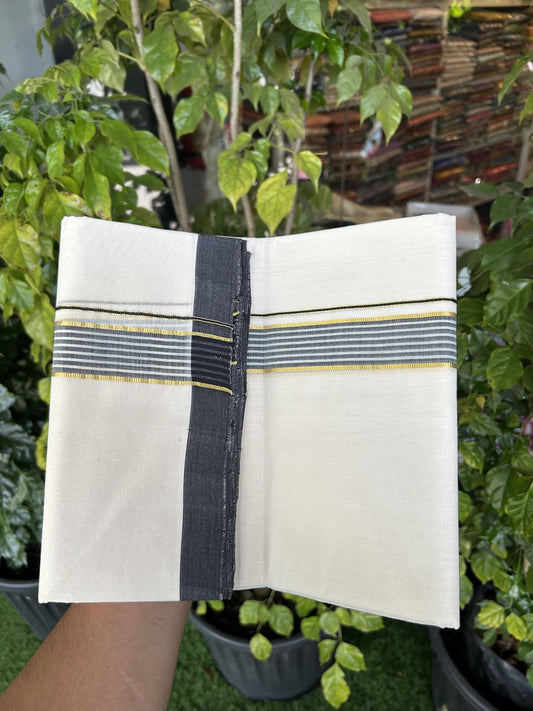 25% Discount! KaithariKada Handloom Millpaav Balaramapuram - Cotton Double Mundu/Dhoti Off white (Unbleached) - 80x90 - 1.25 inch Kasav Black & White striped Kara - 3.60 meter (8 Muzham) - 15 KK5320 RAM
