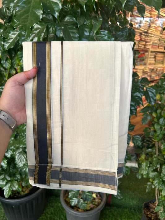 20% Discount ! KaithariKada Balaramapuram Mixed Cotton Double Off white - (Ubleached) Mundu/Dhoti  VELCRO Mundu/Dhoti  - (80s) -  1.5 inch Gold Kasavu & Black Striped kara 4mtr (8.5 muzham) - 5 KK5284 PMC
