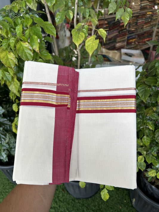 25% Discount ! Kaitharikada Handloom Millpaav Balaramapuram - 100% Pure Cotton Off White - (Unbleached) Double Mundu/Dhoti - 80x90 - 1.75 inch Gold Kasav & Silver Kasav Maroon Striped Kara 4 mtr (8.5 Muzham) - 13 KK5320 RAM